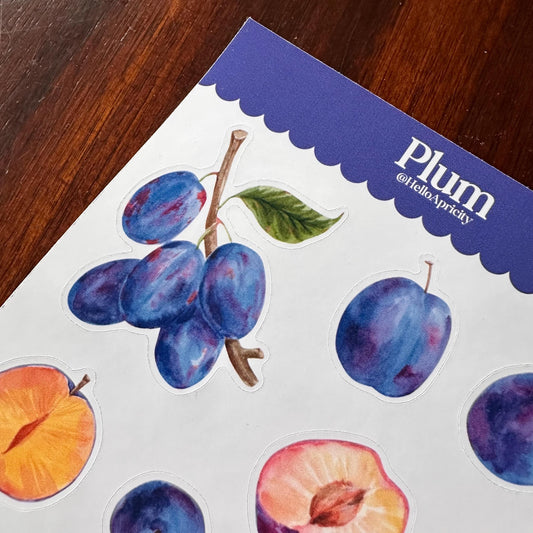 Plum Sticker Sheet – 13 Watercolour Fruit Stickers | Glossy Kiss Cut | Kitchen Garden