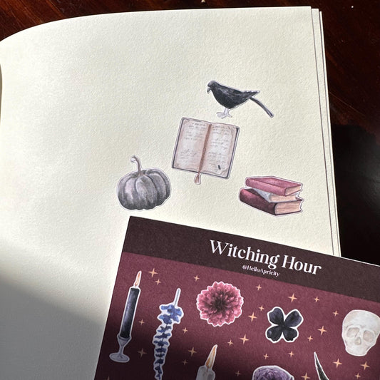 Witching Hour Mini Halloween Sticker Sheet – 21 Witch & Skull Stickers | 4x6 | Secret Spellbook