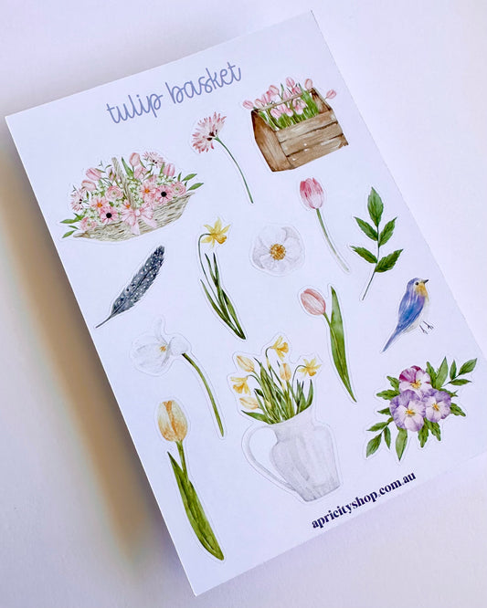Tulip Basket Sticker Sheet | Watercolour Sticker Sheet | Whimsical Spring