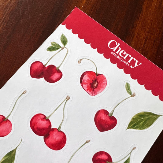Cherry Sticker Sheet – 13 Watercolour Fruit Stickers | Glossy Kiss Cut | Kitchen Garden