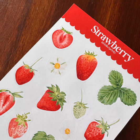 Strawberry Sticker Sheet – 17 Watercolour Fruit Stickers | Glossy Kiss Cut | Kitchen Garden