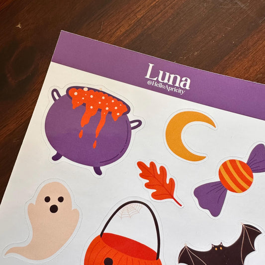 Halloween Sticker Sheet – 12 Black Cat Halloween Stickers | Glossy Kiss Cut | Luna - Familiar Faces