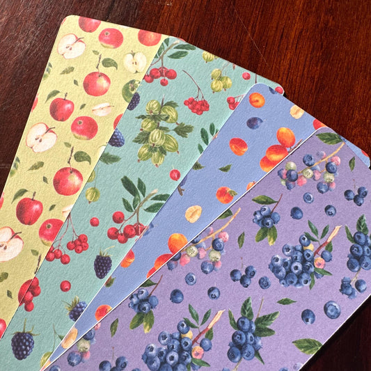 Fruit Bookmark Set – Cool Tones | 4 Handmade Watercolour Bookmarks | Apple, Blueberry, Mixed Berry, Plum & Apricot