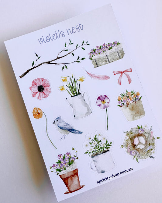 Violet's Nest Sticker Sheet | Watercolour Sticker Sheet | Whimsical Spring