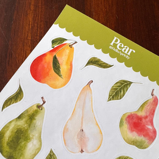 Pear Sticker Sheet – 16 Watercolour Fruit Stickers | Glossy Kiss Cut | Kitchen Garden