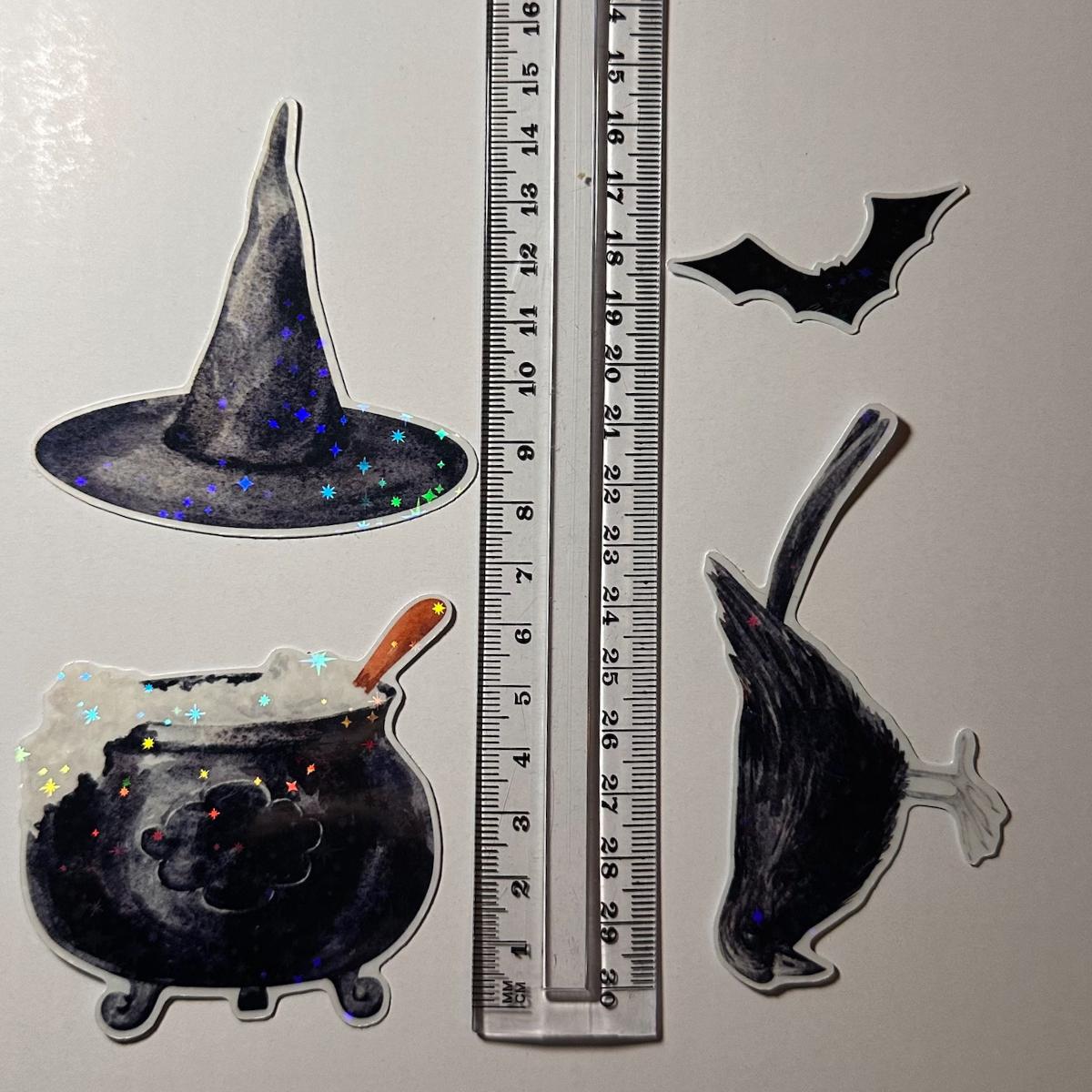 Witchy Holographic Die Cut Stickers – Cauldron, Witch Hat, Crow & Bat | Vinyl Sparkle Pack