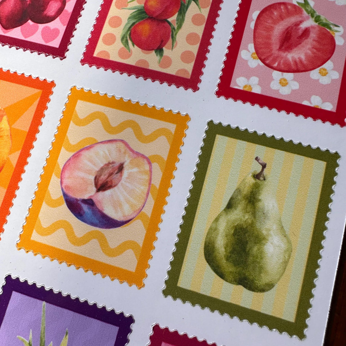 Fruit Postage Stamp Stickers – 9 Handmade Fruit Stickers | Retro Sticker Sheet | Kitchen Garden