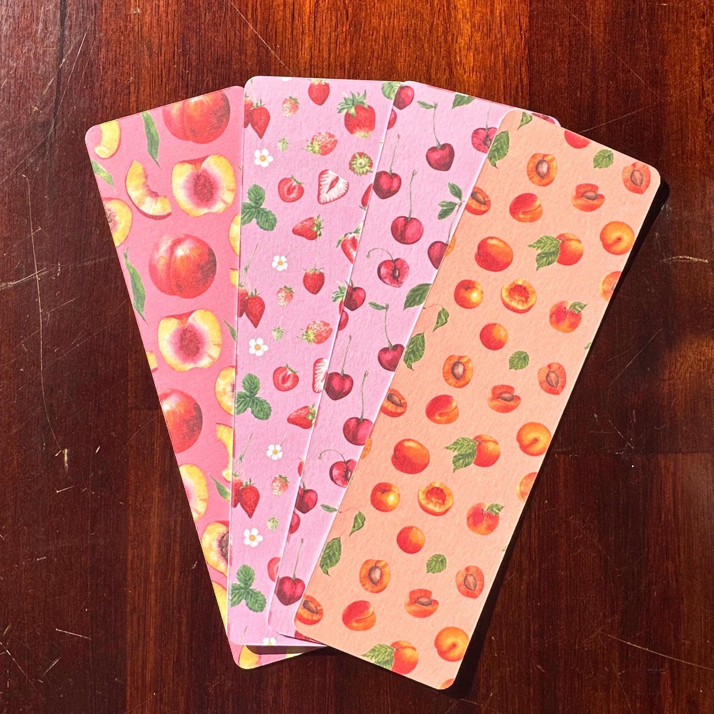 Peachy Fruit Bookmark Set | 4 Handmade Watercolour Bookmarks | Peach, Strawberry, Cherry & Apricot