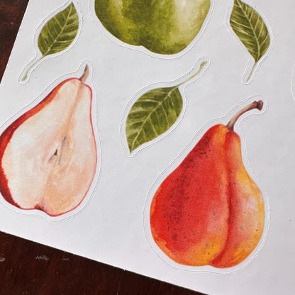 Pear Sticker Sheet – 16 Watercolour Fruit Stickers | Glossy Kiss Cut | Kitchen Garden