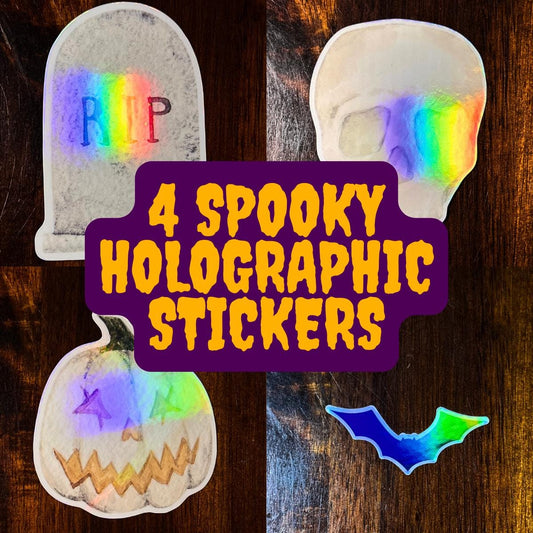 Moonlight Halloween Holographic Stickers – Skull, Gravestone, Pumpkin & Bat | Rainbow Shimmer Vinyl