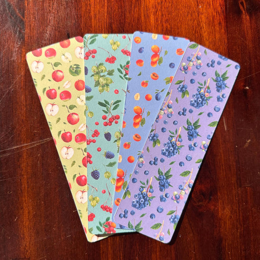 Fruit Bookmark Set – Cool Tones | 4 Handmade Watercolour Bookmarks | Apple, Blueberry, Mixed Berry, Plum & Apricot