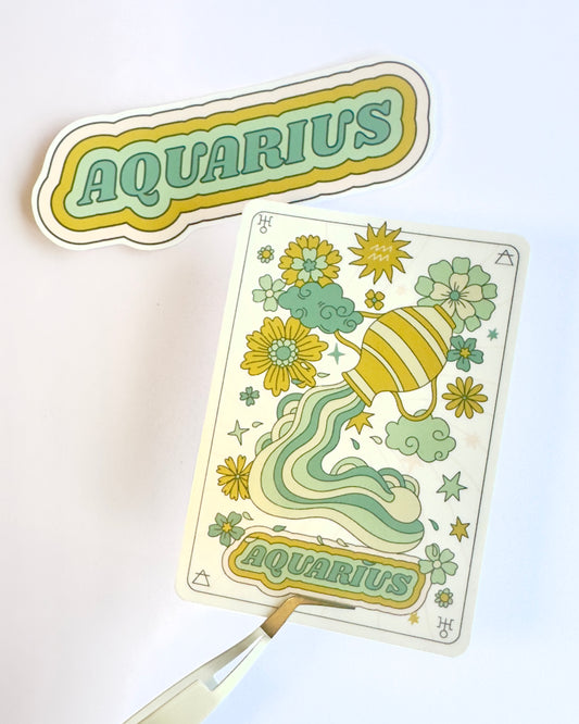 Aquarius Zodiac Sticker Bundle - Teal | Star Sign Word & Tarot Card Vinyl Stickers