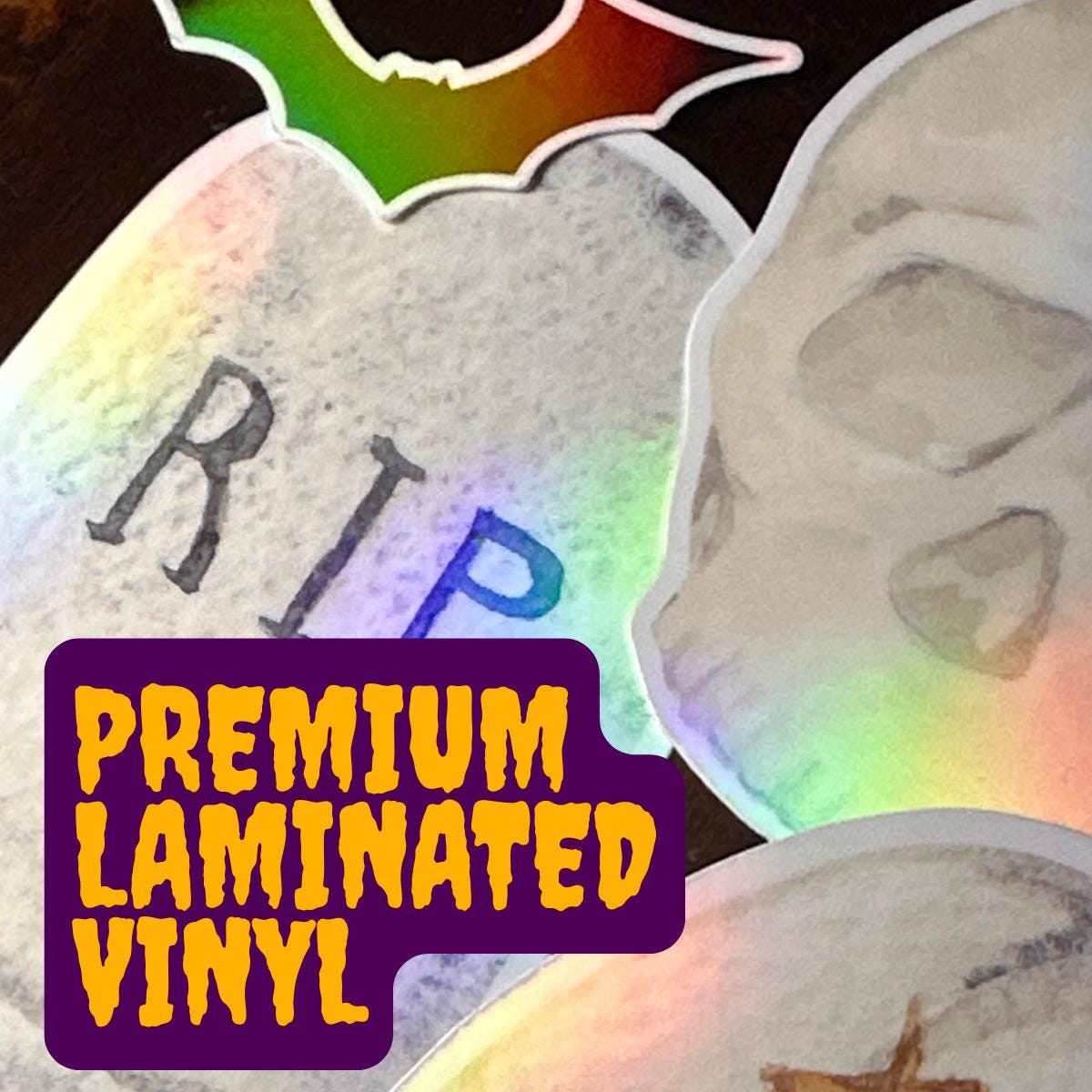 Moonlight Halloween Holographic Stickers – Skull, Gravestone, Pumpkin & Bat | Rainbow Shimmer Vinyl
