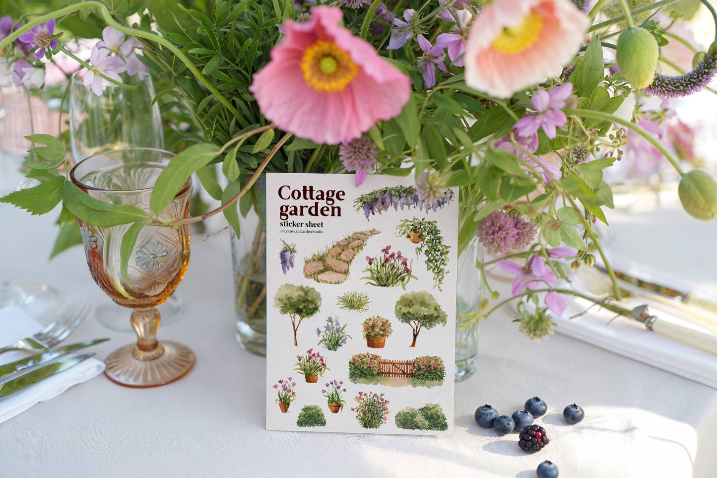 Cottage Garden Sticker Bundle – 3 Watercolour Sticker Sheets | 55 Stickers, Matte Kiss Cut