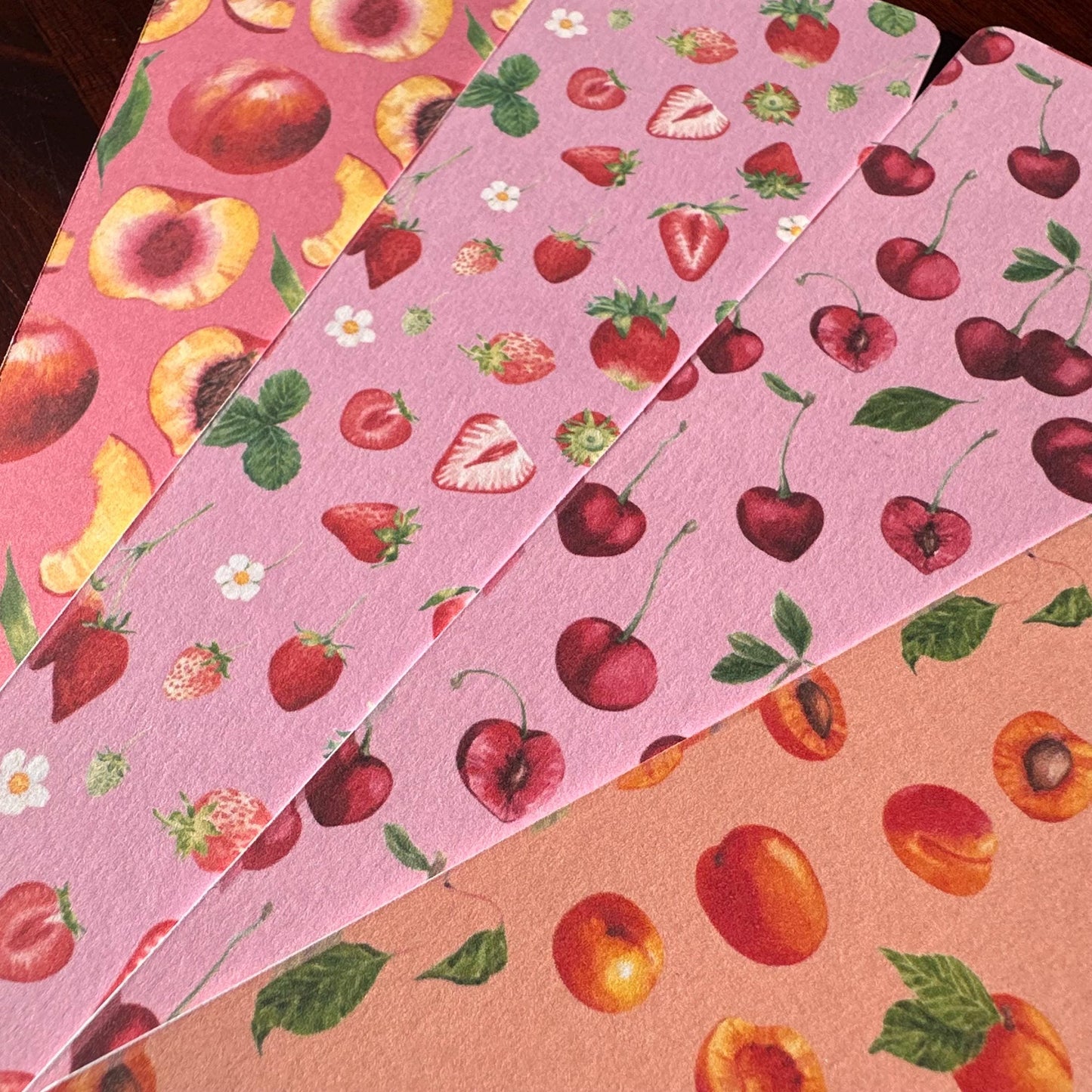 Peachy Fruit Bookmark Set | 4 Handmade Watercolour Bookmarks | Peach, Strawberry, Cherry & Apricot
