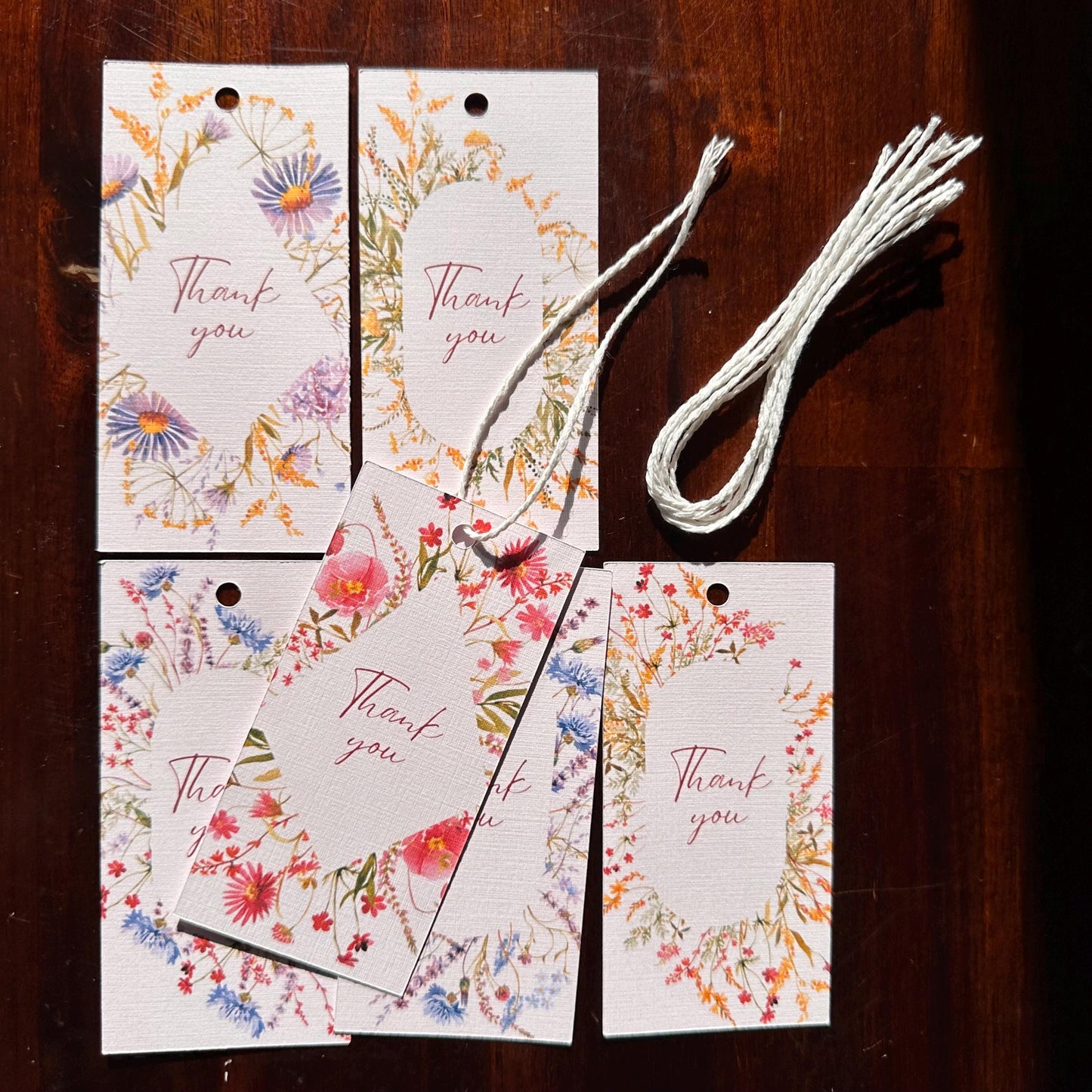 Thank You Gift Tags – Set of 6 Wildflower Tags with Cotton String | Cardstock