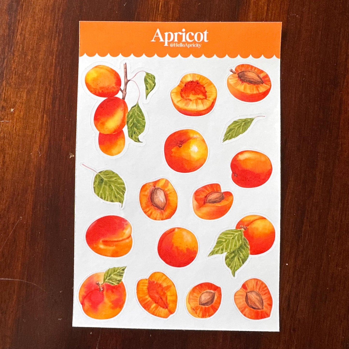 Apricot Sticker Sheet – 16 Watercolour Fruit Stickers | Glossy Kiss Cut | Kitchen Garden