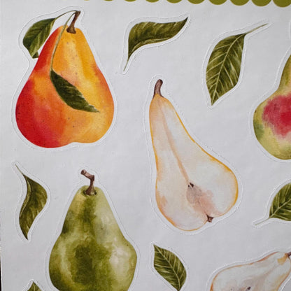 Pear Sticker Sheet – 16 Watercolour Fruit Stickers | Glossy Kiss Cut | Kitchen Garden