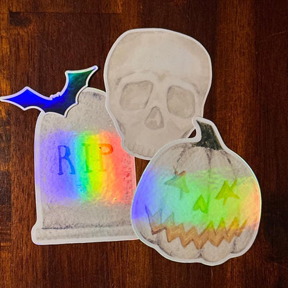 Moonlight Halloween Holographic Stickers – Skull, Gravestone, Pumpkin & Bat | Rainbow Shimmer Vinyl