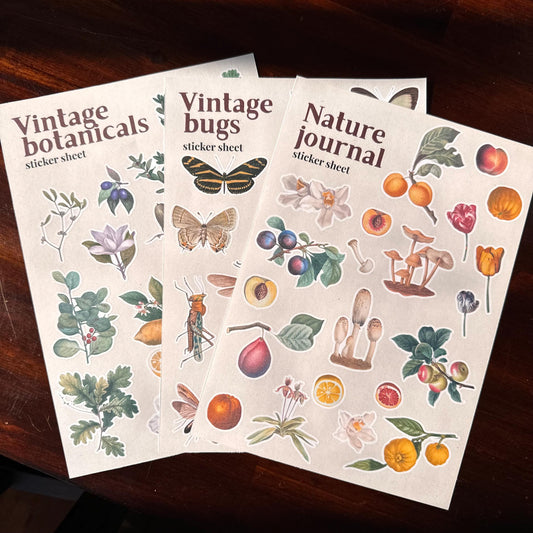 Naturalist Sticker Bundle – 3 Sheets | Botanicals, Bugs & Nature Journal Stickers