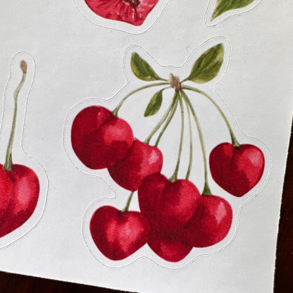 Cherry Sticker Sheet – 13 Watercolour Fruit Stickers | Glossy Kiss Cut | Kitchen Garden