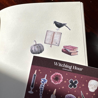 Witching Hour Mini Halloween Sticker Sheet – 21 Witch & Skull Stickers | 4x6 | Secret Spellbook