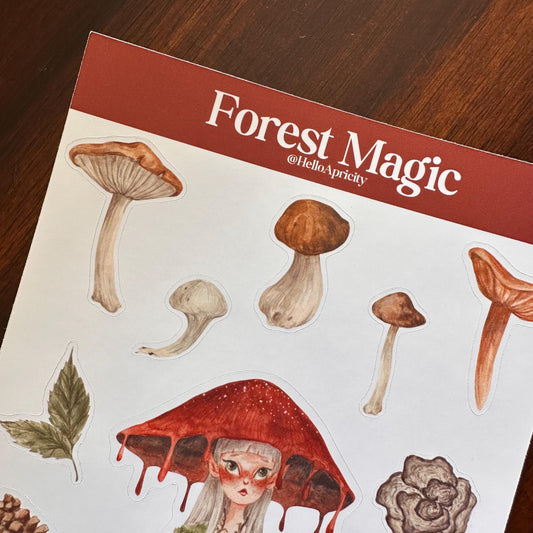 Forest Magic Sticker Sheet – 15 Handmade Mushroomcore Stickers | Glossy Kiss Cut | Forest Fairy