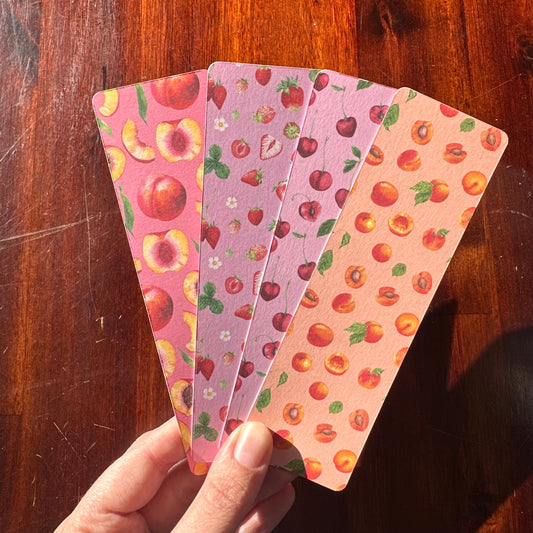 Peachy Fruit Bookmark Set | 4 Handmade Watercolour Bookmarks | Peach, Strawberry, Cherry & Apricot