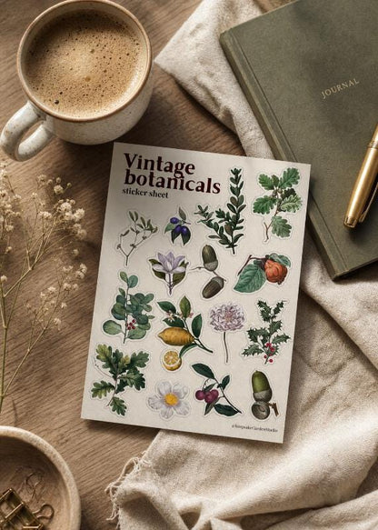 Vintage Botanical Sticker Sheet – 15 Earthy Plant Stickers | Leaf & Foliage | Matte Kiss Cut