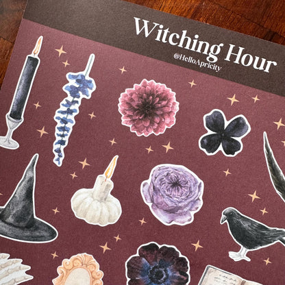 Witching Hour Halloween Sticker Sheet – 21 Witch & Skull Stickers | Matte Kiss Cut | Secret Spellbook