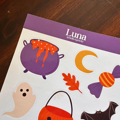 Halloween Sticker Sheet – 12 Black Cat Halloween Stickers | Glossy Kiss Cut | Luna - Familiar Faces
