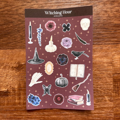 Witching Hour Mini Halloween Sticker Sheet – 21 Witch & Skull Stickers | 4x6 | Secret Spellbook