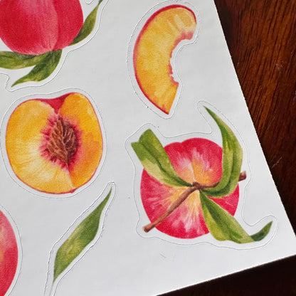 Peach Sticker Sheet – 18 Watercolour Fruit Stickers | Glossy Kiss Cut | Kitchen Garden