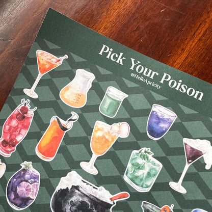 Spooky Bar Halloween Sticker Sheet – 24 Cocktail & Witch Stickers | Matte Kiss Cut | Pick Your Poison -Secret Spellbook
