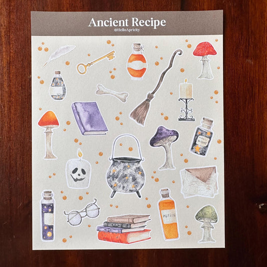 Apothecary Halloween Sticker Sheet – 20 Mushroom & Potion Stickers | Matte Kiss Cut | Ancient Recipe - Secret Spellbook