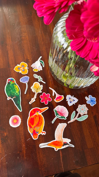 Australian Native Bird and Flower Die Cut Stickers – 15 Loose Vinyl Stickers | Wild Bloom