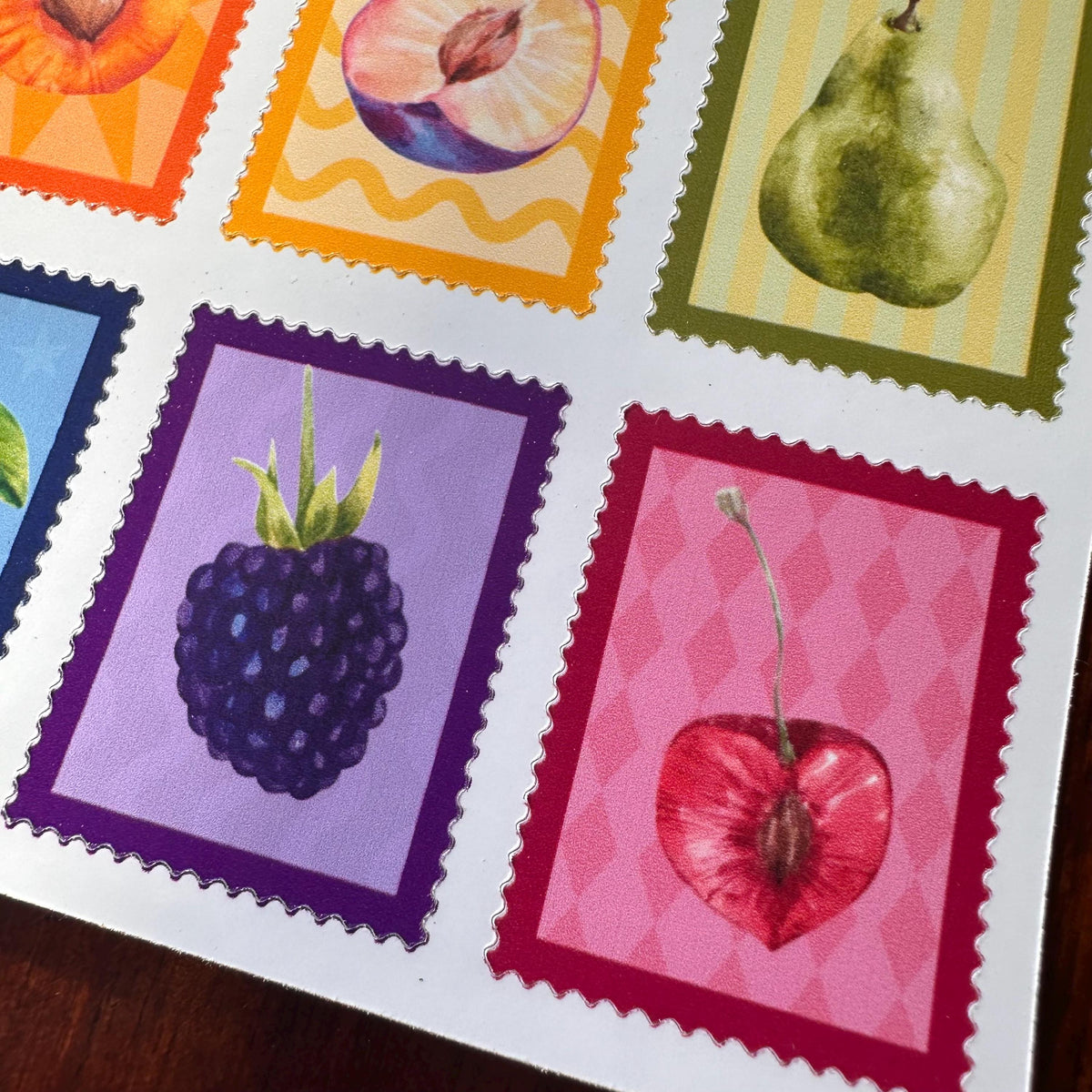 Fruit Postage Stamp Stickers – 9 Handmade Fruit Stickers | Retro Sticker Sheet | Kitchen Garden