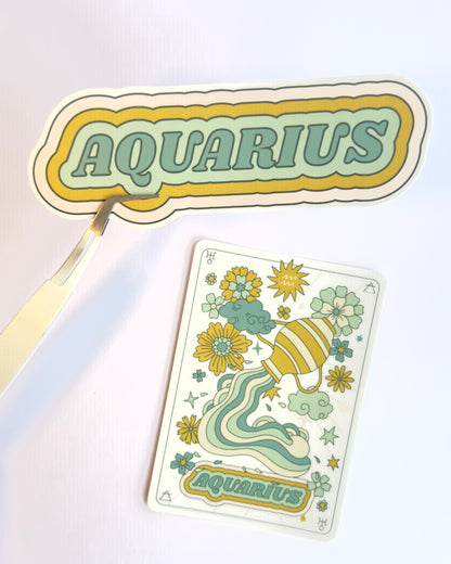 Aquarius Zodiac Sticker Bundle - Teal | Star Sign Word & Tarot Card Vinyl Stickers