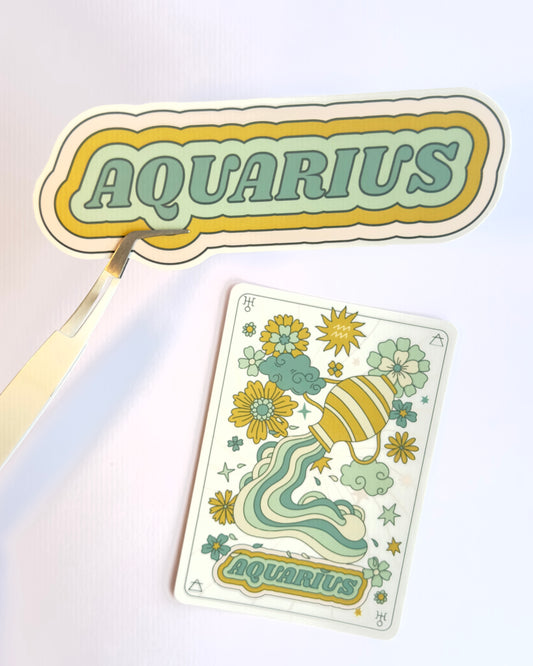 Aquarius Zodiac Sticker Bundle - Teal | Star Sign Word & Tarot Card Vinyl Stickers