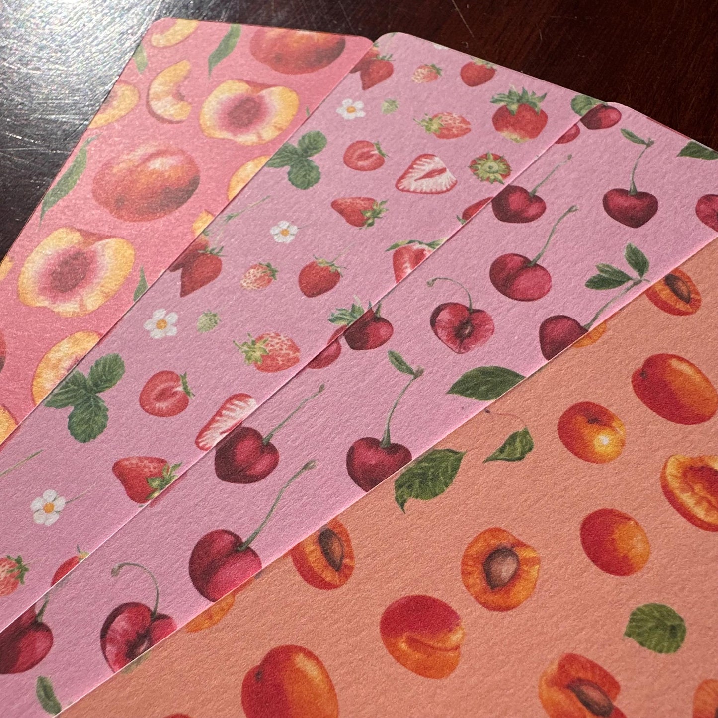 Peachy Fruit Bookmark Set | 4 Handmade Watercolour Bookmarks | Peach, Strawberry, Cherry & Apricot