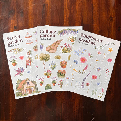 Cottage Garden Sticker Bundle – 3 Watercolour Sticker Sheets | 55 Stickers, Matte Kiss Cut