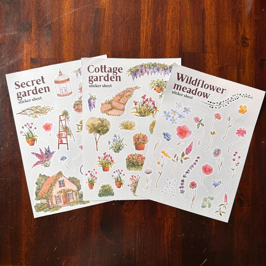 Cottage Garden Sticker Bundle – 3 Watercolour Sticker Sheets | 55 Stickers, Matte Kiss Cut