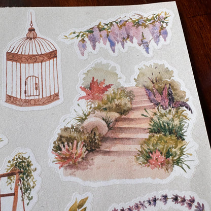 Secret Garden Sticker Sheet – Watercolour Journal & Planner Stickers | Birdcage & Wisteria | Matte Kiss Cut