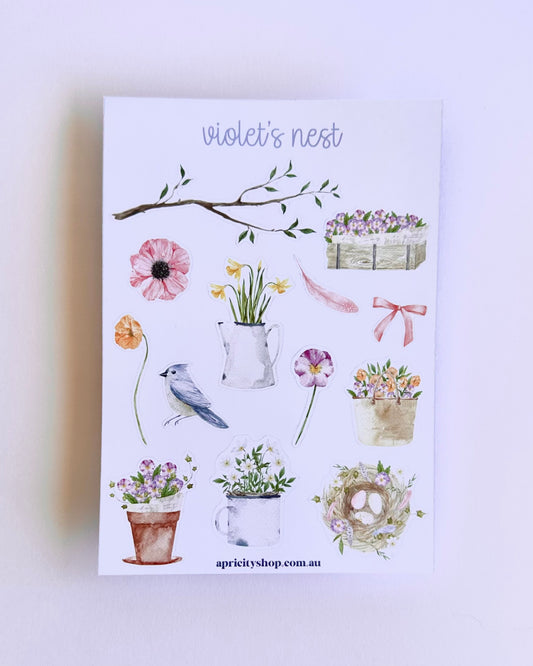 Violet's Nest Sticker Sheet | Watercolour Sticker Sheet | Whimsical Spring
