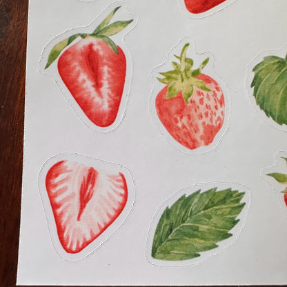 Strawberry Sticker Sheet – 17 Watercolour Fruit Stickers | Glossy Kiss Cut | Kitchen Garden