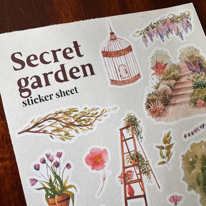 Secret Garden Sticker Sheet – Watercolour Journal & Planner Stickers | Birdcage & Wisteria | Matte Kiss Cut