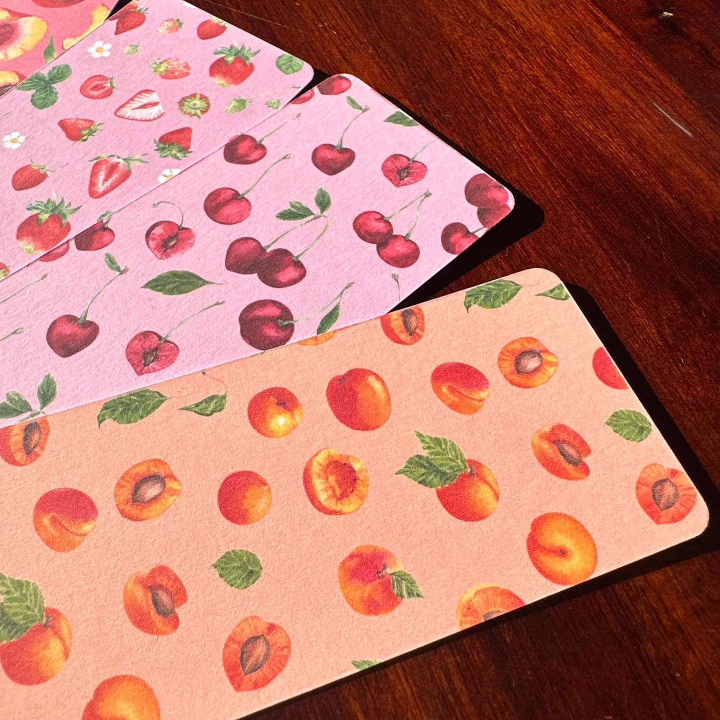 Peachy Fruit Bookmark Set | 4 Handmade Watercolour Bookmarks | Peach, Strawberry, Cherry & Apricot