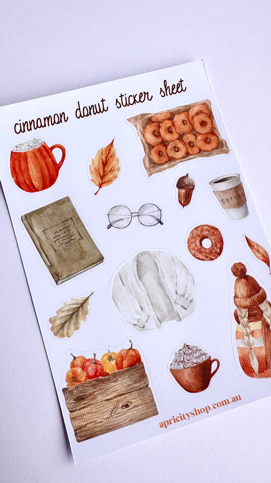 Cinnamon Donut Sticker Sheet | Cozy Autumn Stickers for Journals & Planners