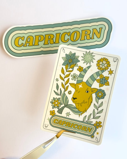 Capricorn Zodiac Sticker Bundle - Teal | Star Sign Word & Tarot Card Vinyl Stickers