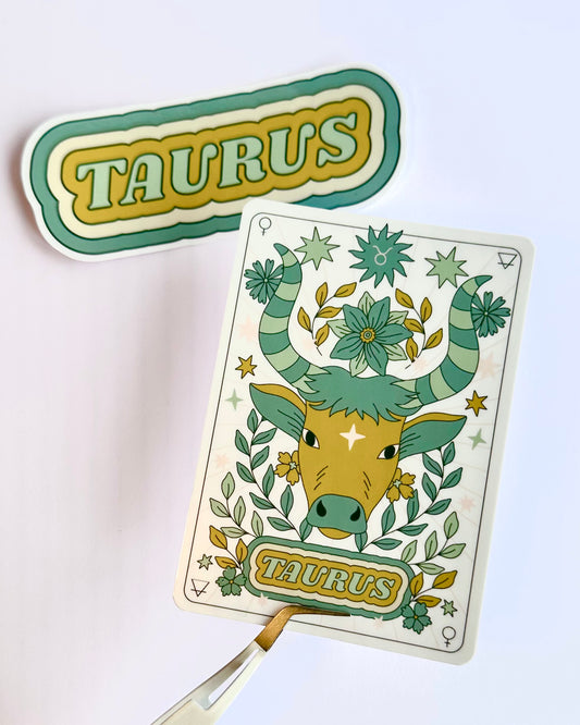Taurus Zodiac Sticker Bundle - Teal | Star Sign Word & Tarot Card Vinyl Stickers